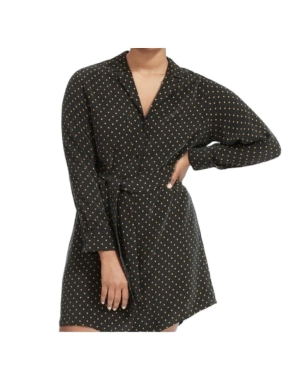 EVERLANE black orange polka dot faux silk long sleeve shirt dress 10